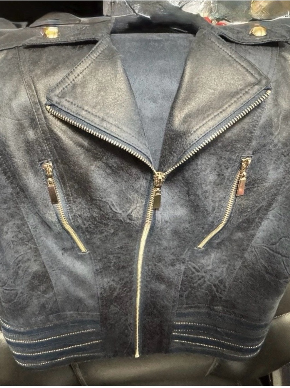 Frank Lyman Design Navy Faux Suede Jacket with Gold Hardware L excellent LN